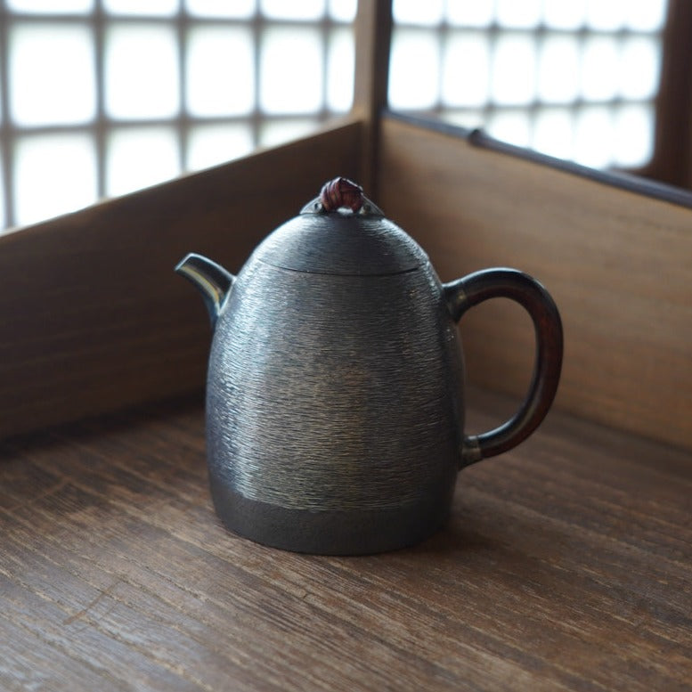 Silver Teapot with Horizontal Striped Conical Wooden Handle