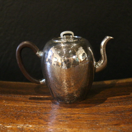 Silver handle pot (beautiful shoulder type/mallet eye pattern glaze/Burmese jade pot button/wooden handle)