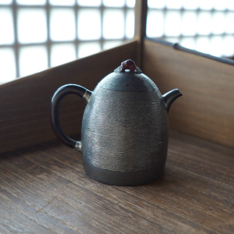 Silver Teapot with Horizontal Striped Conical Wooden Handle